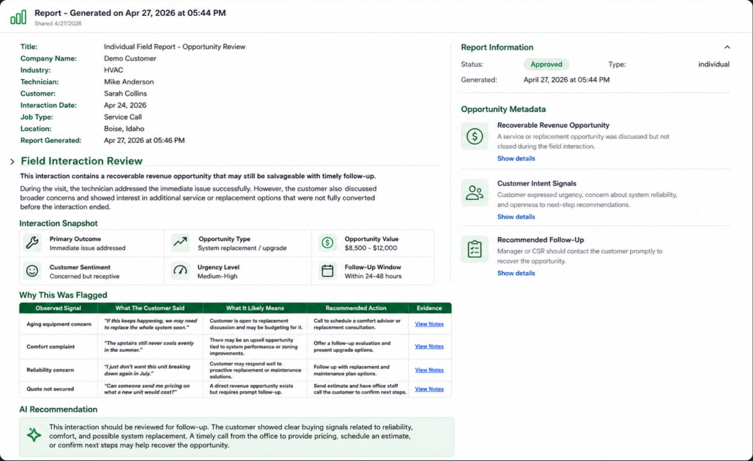 FieldSense — visit summary and follow-up recommendations