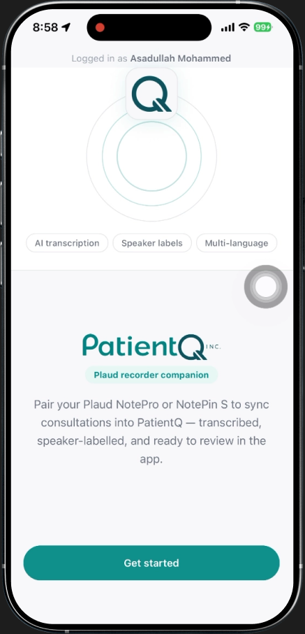 PatientQ app — Plaud recorder companion welcome screen