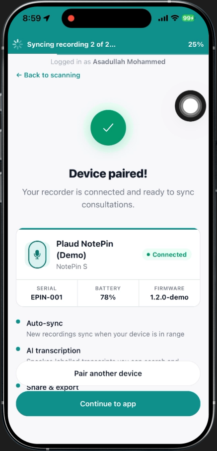 PatientQ app — Plaud device paired confirmation