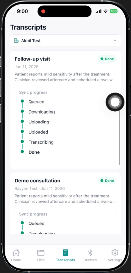 PatientQ app — transcript with follow-up and consult notes